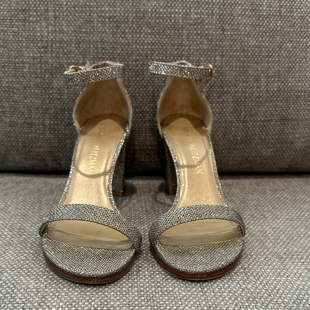 Stuart Weitzman Barely Nude Platinum Noir Ankle Strap Heels